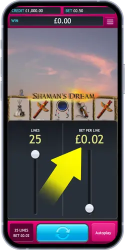 Shaman's Dream slot bet settings with £0.02 per line highlighted