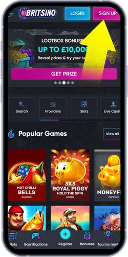 Britsino casino homepage with Sign Up button highlighted