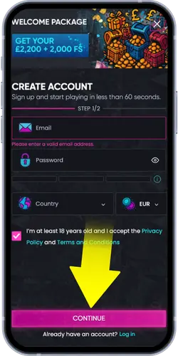 Britsino casino create account form step 1 with email and password fields