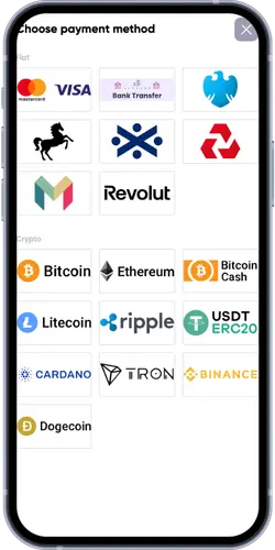 Britsino casino deposit page showing card, bank and crypto payment methods