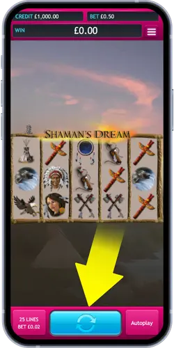 Shaman's Dream slot screen with highlighted spin button
